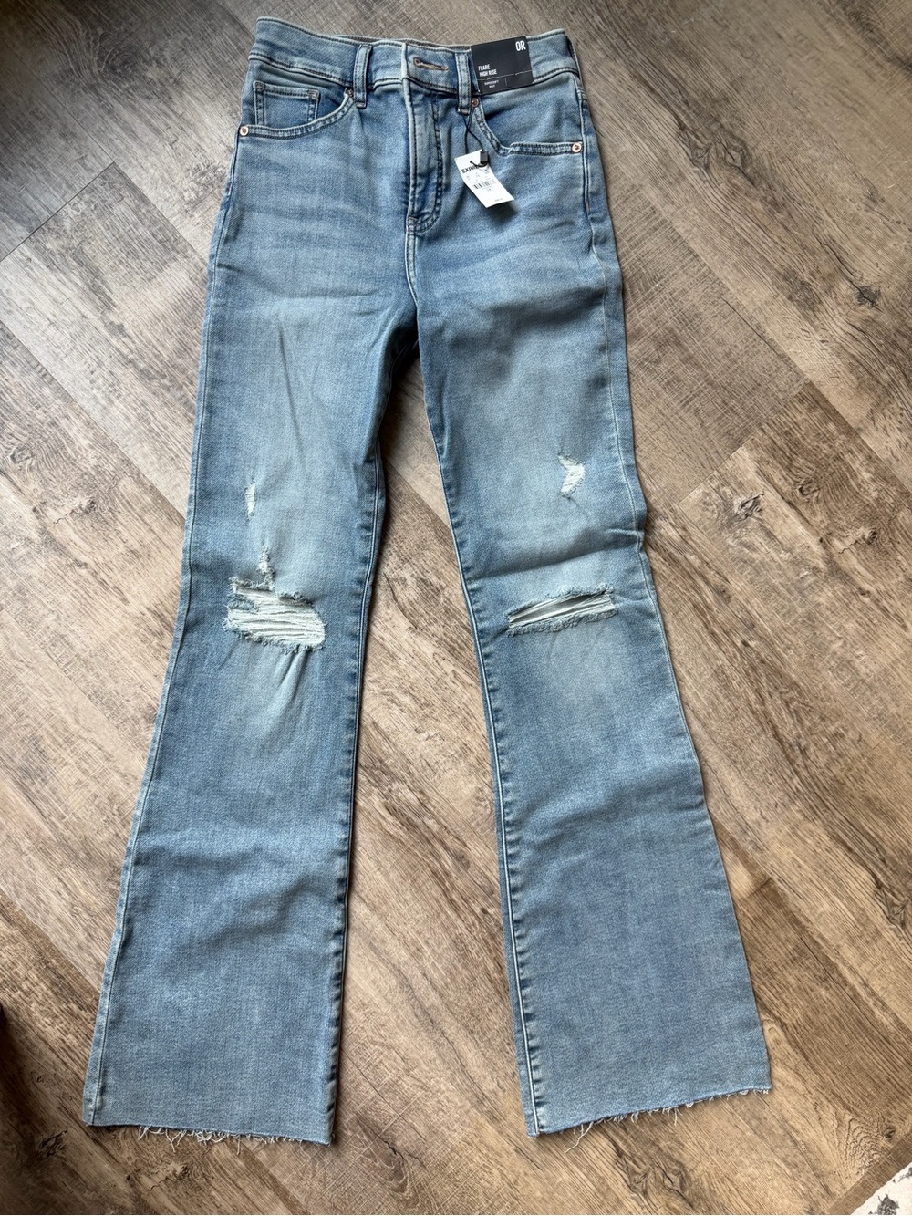 Express Light Blue Distressed Flare Jeans